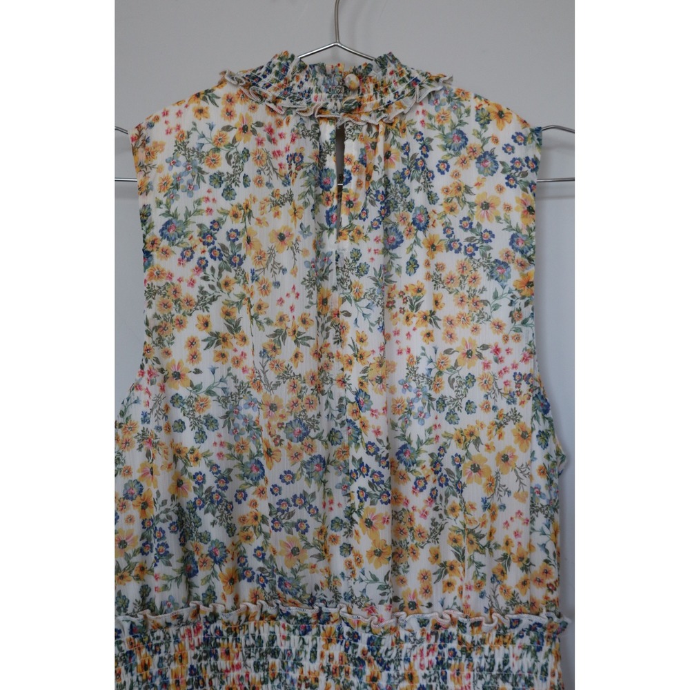 1.STATE Womens Smocked High Neck Floral Ruffle Tiered Mini Dress Yellow Blue L - Picture 7 of 7